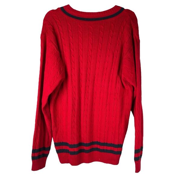 Izod Red Cable Knit Varsity Striped V-Neck Long Sleeve tennis Sweater Medium - Picture 2 of 5